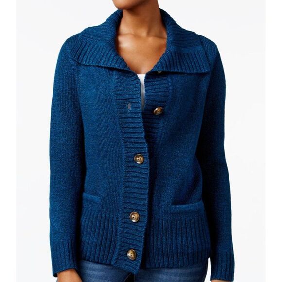 Karen Scott Petite Cardigan Sweater Top Women's‎ PXS Blue Black Marled Buttons - Picture 10 of 10